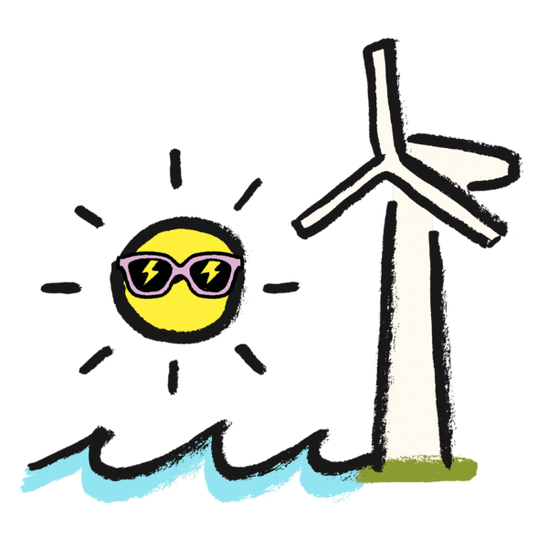Oomi Uusiutuvan tuoteikoni. Tuulivoimala, jonka vieressä on meren aaltoja ja aurinko. Auringolla on päässään aurinkolasit.
