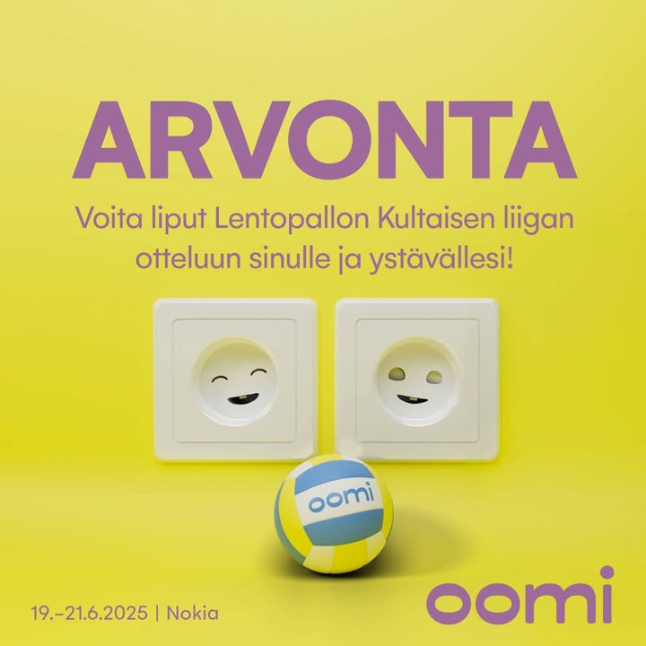 Oomikä arvonta! ⚡️Kommentoi kenen kanssa lähtisit katsomaan Lentopallon Miesten Kultaisen Liigan otteluita Nokialle ja voita liput katsomoon sinulle ja ystävällesi! 🤩Oomi on jo tuttu näky lentopallossa, ja nyt arvomme yhteistyön kunniaksi lippuja Miesten Kultaisen Liigan otteluihin. Osallistu kommentoimalla, minkä otteluista haluaisit nähdä ja kenet nappaisit mukaan, ja olet mukana arvonnassa! 😎Arvomme yhteensä 21 kpl kahden hengen lippupakettia. Lippupaketteja on jaossa 7 kpl Kreikka-Suomi otteluun 19.6., 7 kpl Kroatia-Kreikka otteluun 20.6. sekä 7 kpl Suomi-Kroatia otteluun 21.6.Arvontaan voi osallistua 16.6. klo 15 asti. HOX! Muistathan pitää omaa inboxiasi silmällä arvonta-ajan päätyttyä, sillä olemme voittajiin yhteydessä yksityisviestin välityksellä. Jos emme tavoita voittajia, arvomme liput uudelleen.‼️Arvonnan ehdot ja säännöt: https://oomi.fi/kultainen-liiga-2025-lippuarvonta/Arvonta on käynnissä myös Oomin Instagramissa. Meta ei ole mukana arvonnassa.#arvonta #oomi #kultainenliiga #lentopallo
