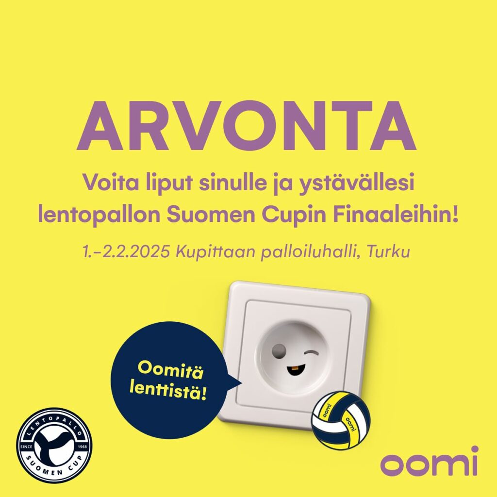 Oomikä arvonta!⚡️ Kommentoi kenen kanssa lähtisit katsomaan Suomen Cupin finaaleita ja voita liput katsomoon sinulle ja ystävällesi!🤩Oomi on mukana tukemassa lentopallon Suomen Cupia! Yhteistyön kunniaksi arvomme lippuja miesten ja naisten finaaleihin. Osallistu arvontaan tägäämällä kaverisi kommenteissa ja mainitse kumpaa finaalia haluaisit mennä katsomaan!💪🏻Arvontaan voi osallistua 31.1. klo 15 asti. HOX! Muistathan pitää omaa inboxiasi silmällä arvonta-ajan päätyttyä, sillä olemme voittajiin yhteydessä yksityisviestin välityksellä. Jos emme tavoita voittajia, arvomme liput uudelleen.‼️Arvonnan ehdot ja säännöt: https://oomi.fi/lentopalloarvonta/Meta ei ole mukana arvonnassa.#oomi #suomencup #lentopallo #oomikämeininki #arvonta