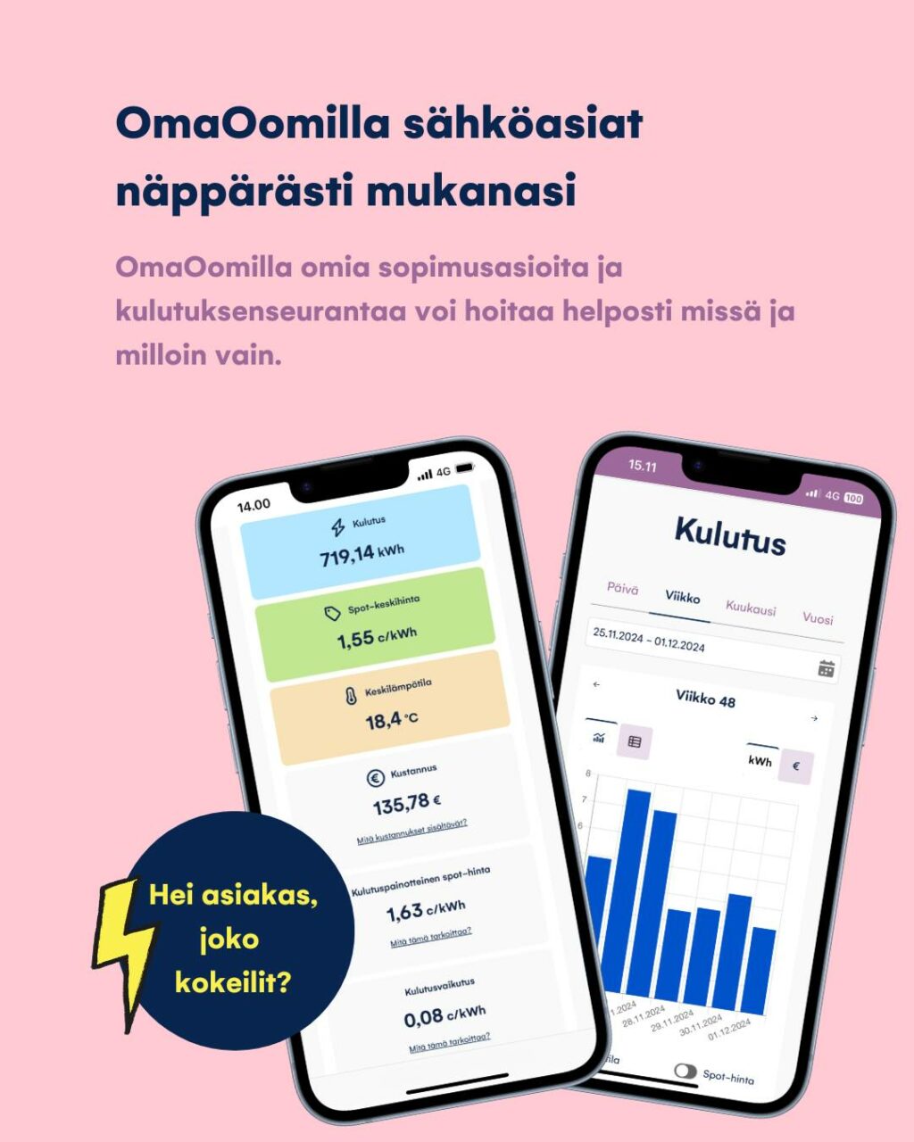Hei asiakas - joko olet ottanut OmaOomin käyttöön? ⚡OmaOomi on online-palvelu ja mobiilisovellus, jossa asiakkaamme voivat hoitaa turvallisesti sähkösopimusasioihin ja kulutuksenseurantaan liittyviä asioita itsepalveluna 24/7. OmaOomista löydät esimerkiksi ajantasaiset kulutustietosi sekä kulutusvaikutuksen, laskujen ja sopimusten tiedot sekä spot-hintaseurannan.Kannattaa siis käydä kurkkaamassa! Lisätietoa löytyy sivuiltamme kohdasta oomi.fi/sahko/omaoomi 👉#oomi #omaoomi #sähkönkulutus