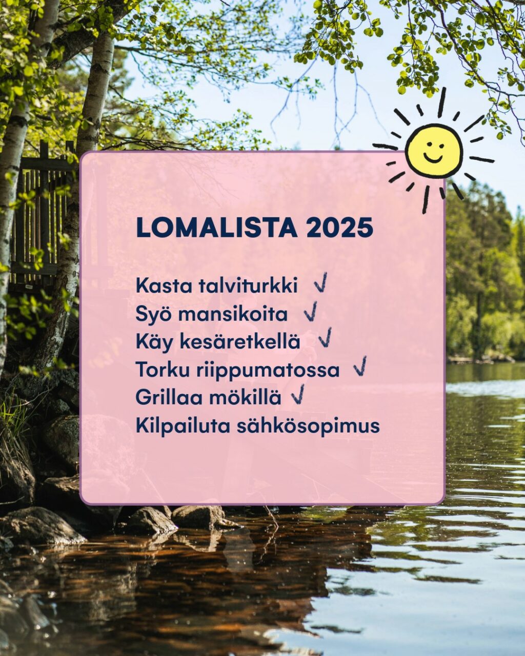 Öh, unohtuiko kenties jotain? 👋 Ei se mitään! Kesällä kuuluu rentoutua. Tää on sun muistutus merkata kalenteriin päivä, jolloin tsekkaat sähkösopimuksen.Löytyykö Oomilta vielä parempi diili sulle? Tutustu sähkösopimuksiin! ⚡️#oomi #sähkösopimus
