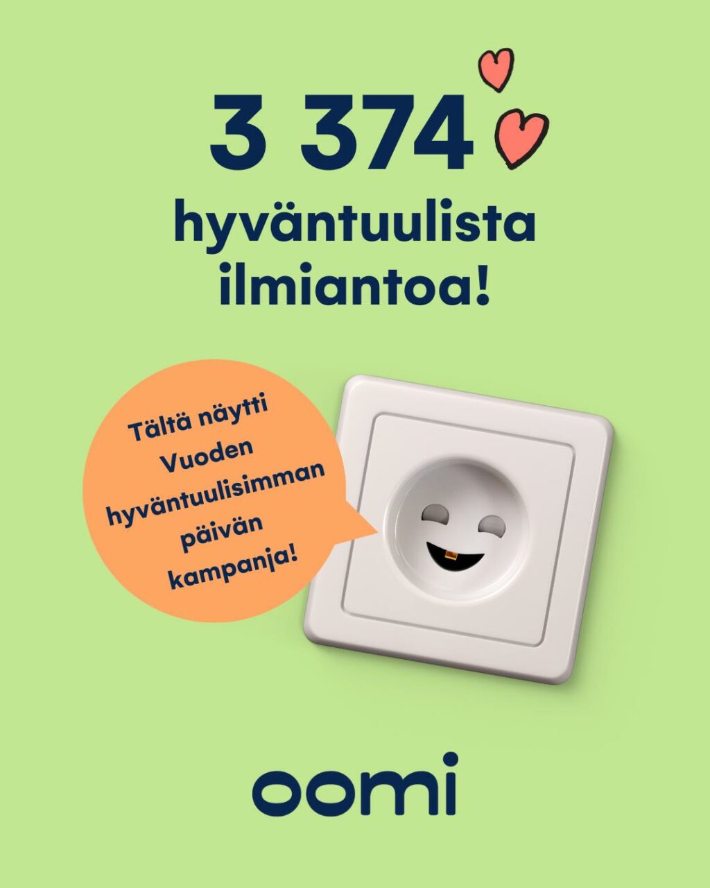 Yhteensä 3 374 mietittyä, lämmintä ja hyväntuulista ilmiantoa – suuri kiitos jokaisesta 💛Selvitimme yhdessä Forecan kanssa, että 26.8. on Vuoden hyväntuulisin päivä! Osana selvitystä halusimme myös osallistaa kaikki ilmiantamaan oman hyväntuulisimman ystävänsä. Ilmiantoja tulikin lopulta yli 3 000, ja olemme saaneet lukea niitä läpi niin ilon kuin liikutuksenkin vallassa!Selaamalla kuvia näet muutaman viestin, joita olemme kampanjan aikana saaneet. ✨Ilmiantamalla ystävänsä osallistui samalla arvontaan, jossa oli mahdollista voittaa hotelliloma. Arvonta on nyt suoritettu ja voittajaan on oltu yhteydessä henkilökohtaisesti. Ensi vuonna vietetään jälleen Vuoden hyväntuulisinta päivää!#oomi #hyvantuulisin #vuodenhyväntuulisinpäivä