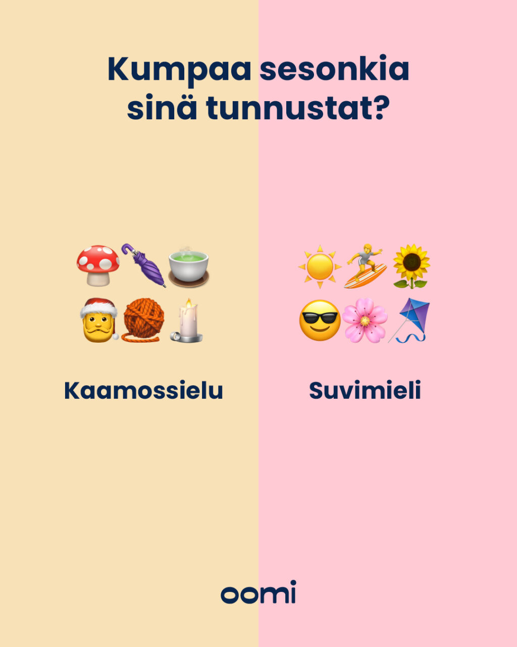 Kohta siirrytään taas Oomi Sesongissa talvikauteen! Mutta kumpaa sesonkia sinä tunnustat?​🤔Kaamossielu​ 👉🍁Somefiidisi täyttyy suppiksista, joita illat pimeät paistat, pakastat ja kuivatat.​🍁Glögikauden korkkaat viimeistään lokakuussa.​🍁Toivotitko jo naapureille hyvää joulun odotusta, kun he vasta virittelivät kesämökkiä ja grilliä talviteloille?​🍁Neuloosisi on parhaillaan akuutissa vaiheessa. ​🍁Paistat pipareita ja torttuja ihan testimielessä.​🍁Kausivalot palavat ainakin marraskuusta maaliskuuhun, ellei sitten läpi vuoden.​Suvimieli​ 👉☀️Talvi on sinulle arktinen talviunivaihe yöttömien öiden välissä.​☀️Lumihiutale näyttää parhaalta ilmalämpöpumpun näytöllä.​☀️Grillihiillos lämmittää mieltä kynttilänvaloa tehokkaammin.☀️Vedät valkoiset tennarit jalkaan heti, kun loskan ja jään väliin ​alkaa sulaa kapea polku.​☀️Vuosi alkaa virallisesti ensimmäisestä hellepäivästä.​Olitpa sitten Kaamossielu tai Suvimieli, Oomi Sesonki kulkee mukanasi vuoden rytmissä. Talvikaudella marraskuun alusta maaliskuun loppuun kiinteä hinta tuo mielenrauhaa ja suojaa hintapiikeiltä, kun taas kevään tullessa voit hyödyntää pörssisähkön edut.#oomi #testi #sesonki