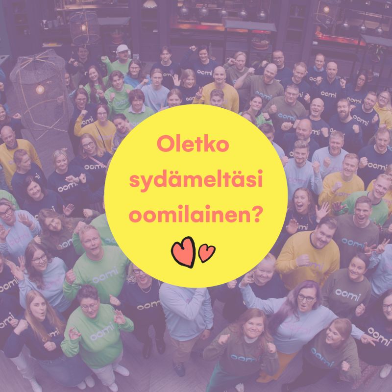 Oletko sydämeltäsi oomilainen? 💛 Oletko jo testannut peliä, jossa voit selvittää, sopisitko sinä meidän oomilaisten iloiseen joukkoon? Löydät pelin Töissä Oomissa -sivulta - ei kun testaamaan: https://lnkd.in/dFr2c_8f Tiesithän, että voit milloin tahansa myös lähettää meille avoimen hakemuksen? Löydät hakulomakkeen kohdasta avoimet työpaikat!#oomi #sydämeltäsioomilainen