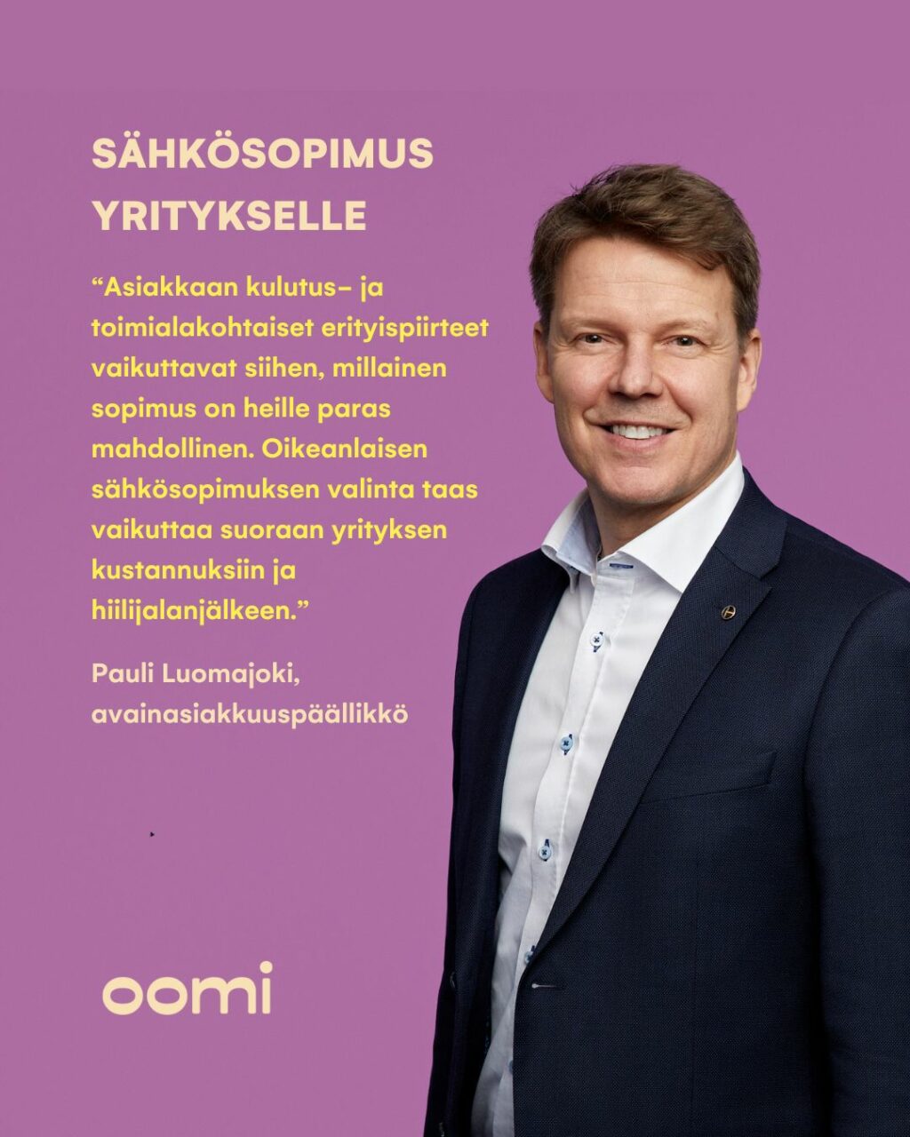 Sähkösopimus yritykselle ⚡ Sähkö on yrityksen näkymätön, mutta välttämätön hyödyke. Asiakkaan ja myyjän toimiva yhteistyö korostuu, kun sähkönhinnat heilahtelevat ja ympäristövastuullisuudelle asetetaan entistä suurempia vaatimuksia.  Yritysasiakkuus ei ole Oomille yksittäinen palvelutapahtuma, vaan jatkuva kumppanuus. Luottamus syntyy siitä, kun asiakas saa yhteyden helposti ja tietää, kuka hänen asiansa hoitaa.👉 Lue Paulin blogista lisää siitä, miten Oomi palvelee yrityksiä! Blogiin pääset tästä: https://lnkd.in/d9awSUge #oomi #sähkösopimus #B2B #energiaratkaisut #yrityksille