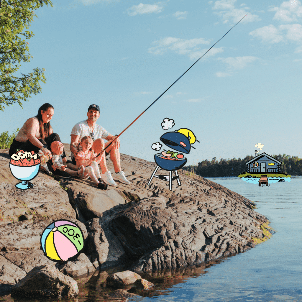 Perhe kalastamassa kalliolla kesäisenä päivänä. Ympärillä on piirrettyjä tavaroita, kuten rantapallo, grilli ja kulhollinen mansikoita.