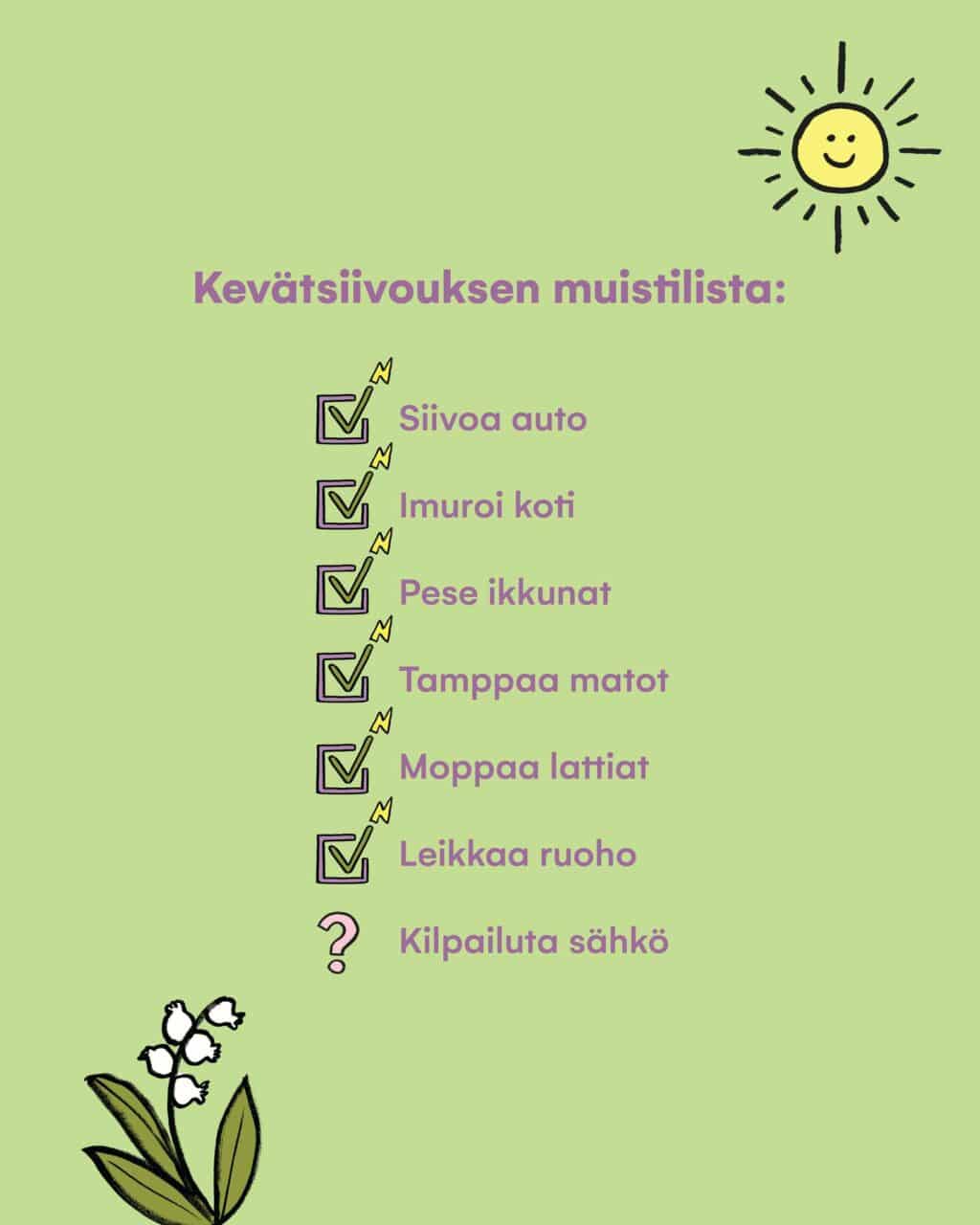 Auton siivous check, imurointi check... mutta hups, jotain jäi puuttumaan? 😱Ei hätää – me autamme! Vertaa sähkösopimuksia sekä hintoja ja nappaa sinulle paras sähködiili. 😎#oomi #kevät #kevätsiivous