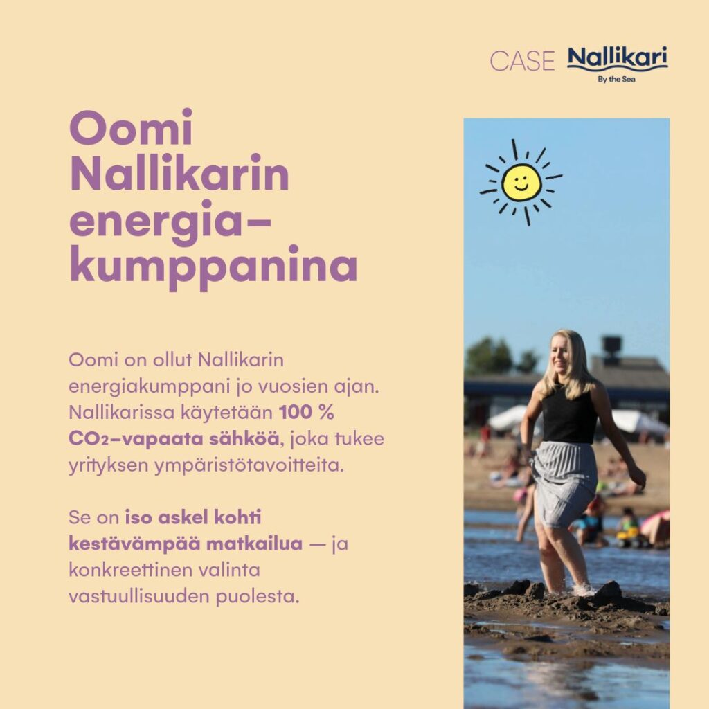 Nallikari tunnetaan Oulun maamerkkinä ja yhtenä kaupungin rakastetuimmista matkailukohteista.☀️ "Meidän asiakaskuntamme on todella moninainen. Nallikariin tullaan perhelomalle, kokoukseen, työreissulle tai ihan vain viettämään aikaa. Se on meidän vahvuutemme", kertoo toimitusjohtaja Sirpa Walter.Ympärivuotinen matkailu vaatii toimiakseen joustavia ratkaisuja. Oomin puolelta on ollut tärkeää varmistaa, että sähköä on saatavilla niin vilkkaimpina kesäkuukausina kuin talven hiljaisempina hetkinä, ja että sopimukset tukevat tätä rytmiä.Lue lisää Nallikarista sekä muiden yritysasiakkaidemme kokemuksista sivuiltamme - linkin löydät kommenteista.☀️ #oomi #yrityksille #töitävarten